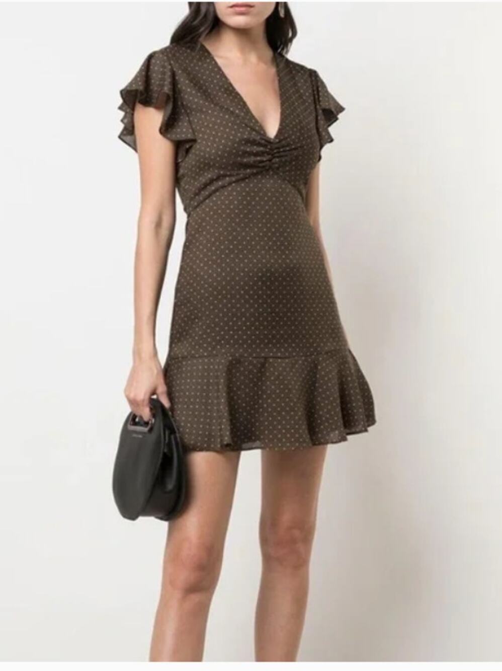 Alexis Benza Flutter-Sleeve Short Chocolate Brown Dot Mini Dress Womens XS